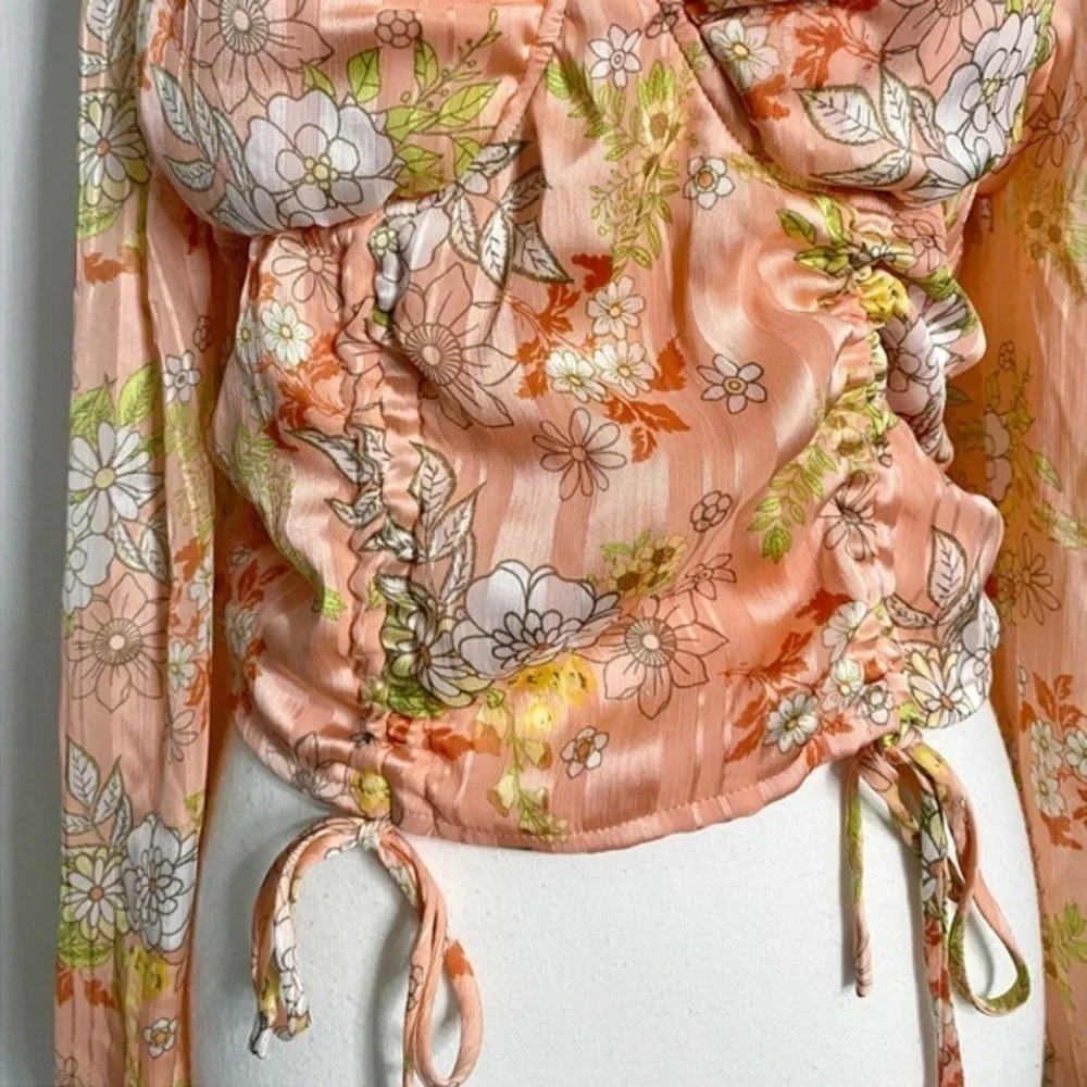 Madden NYC Junior's‎ Orange Floral Ruched Front Top with Sheering & Bra Cup - Picture 4 of 13